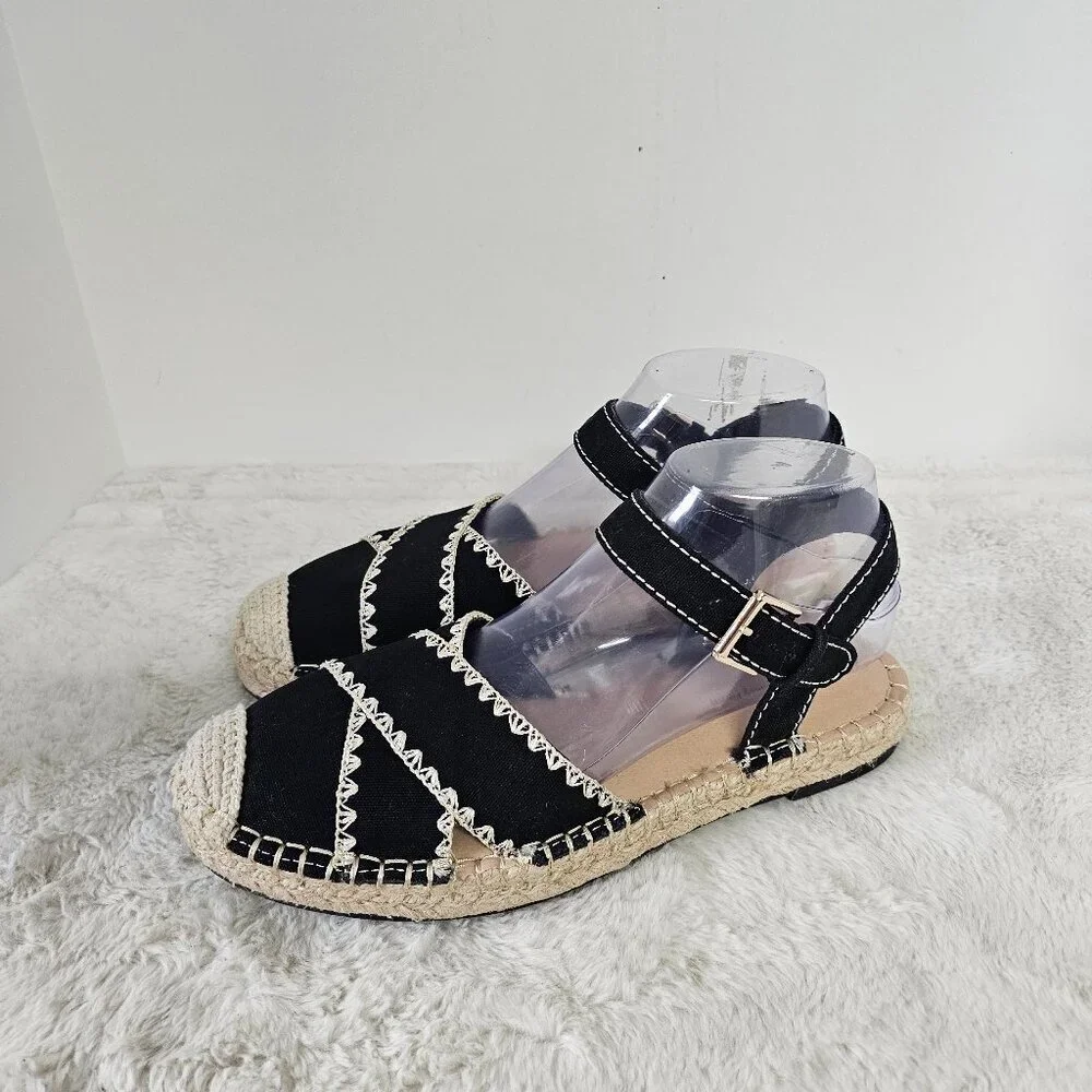 Time and Tru Espadrilles Boho Jute Crochet Black Cream 8.5